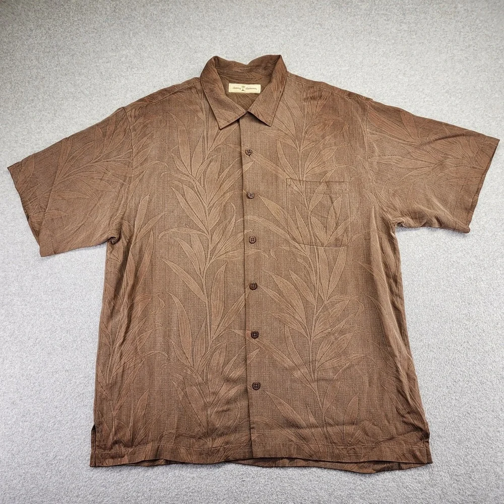 Tommy Bahama Men's L Silk Brown‎ Tropical Short Sleeve Button Front Shirt